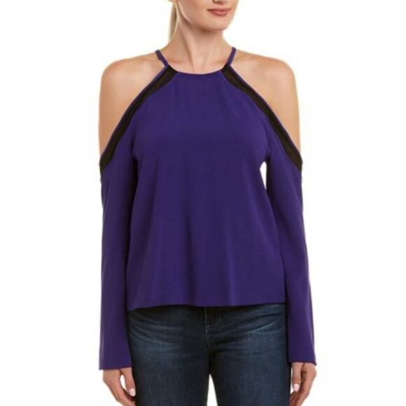Ramy Brook Anya Cold Shoulder Long Sleeve Sheer Trim Top Purple XS S - Picture 1 of 8